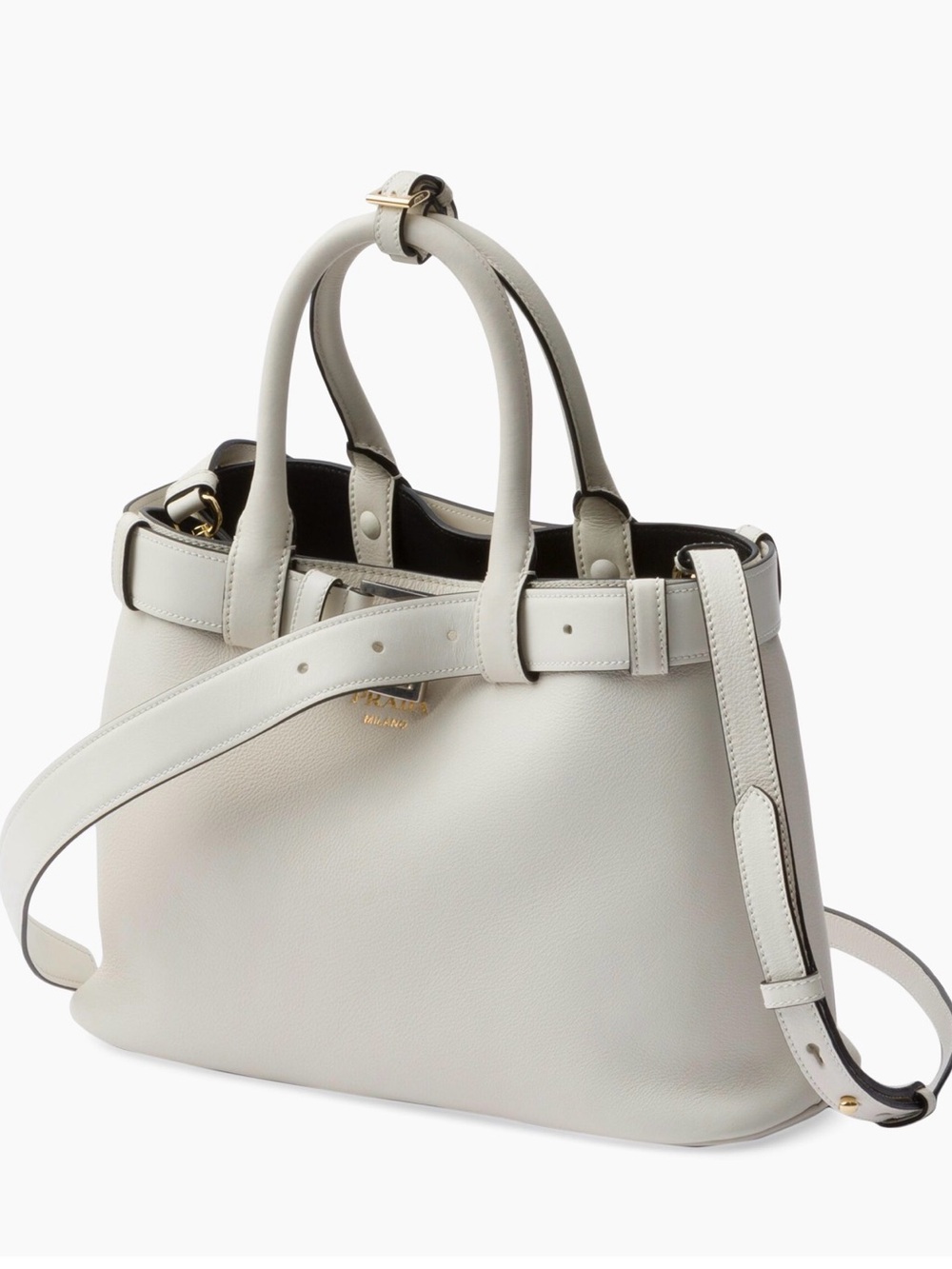 Prada White Leather Small Bag with Double Belt  Gold-Tone Hardware Pre-loved